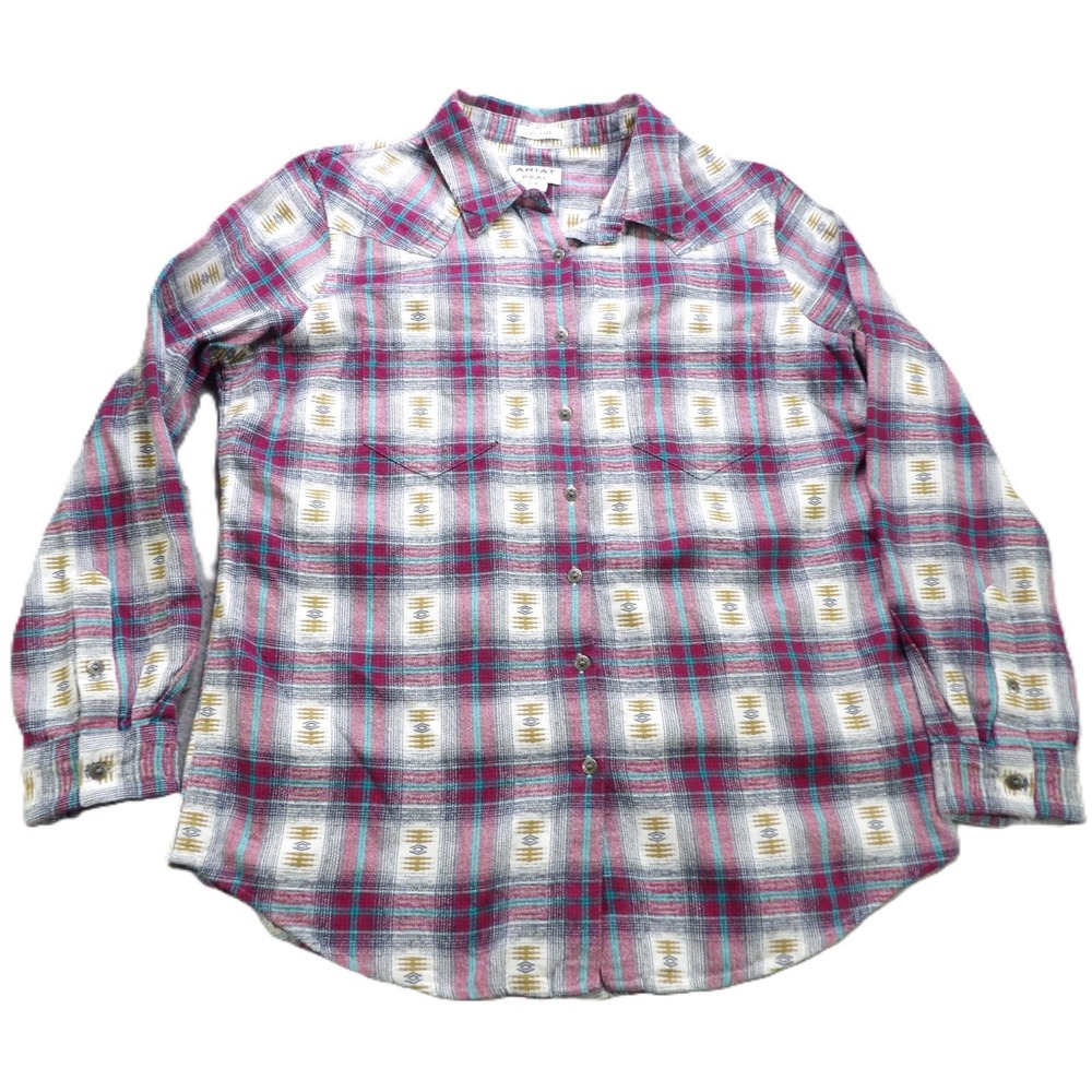 Ariat Real Relaxed Fit Shirt Women L Pink Plaid Aztec Western Button Cotton Tops